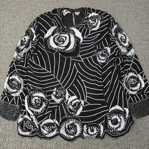 VTG Swee Lo Black Silk Sequin Beaded Floral Blouse Shirt Womens XL 80s